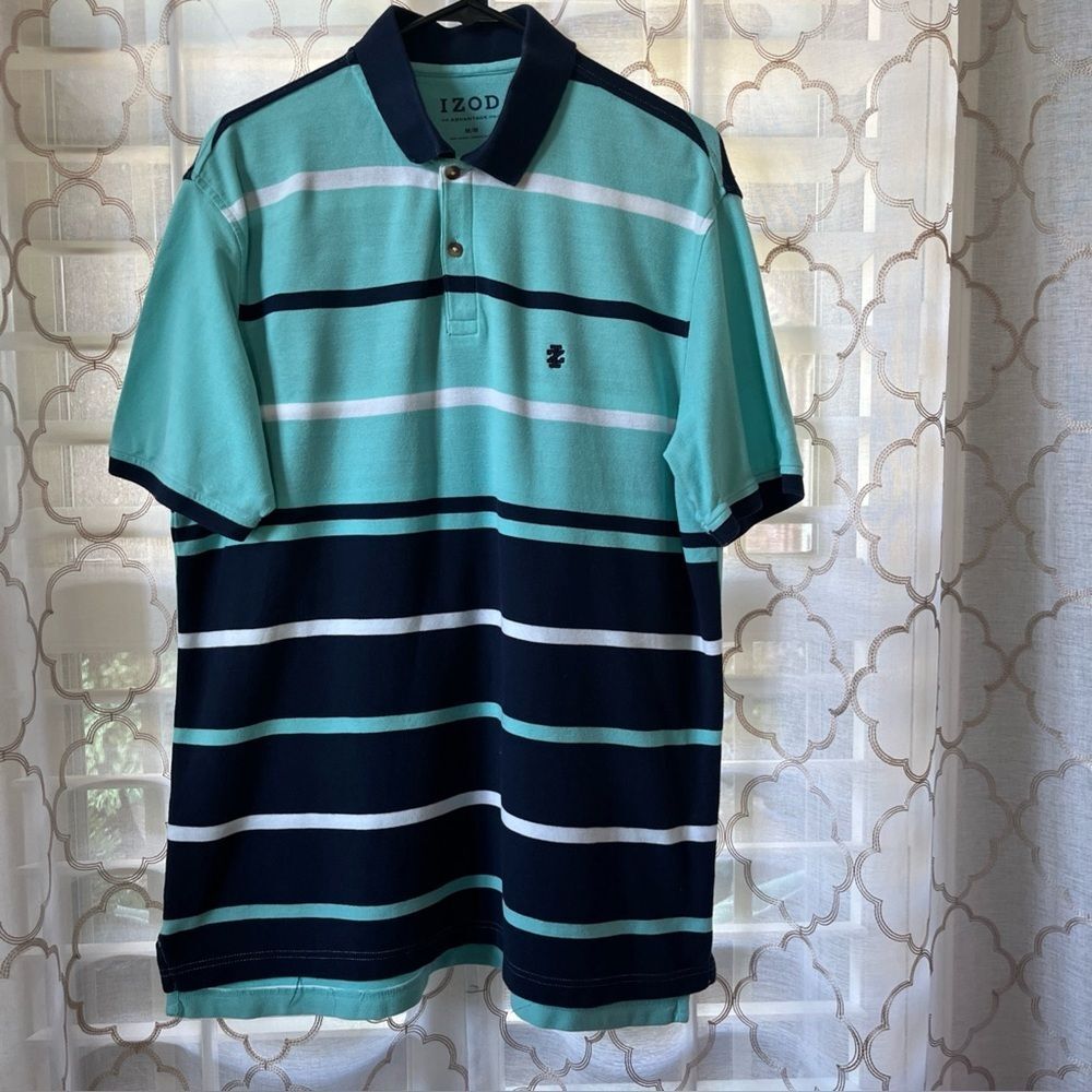 Izod Men's Advantage Polo Shirt Green Navy White Stripe Short Sleeve Cotton Med
